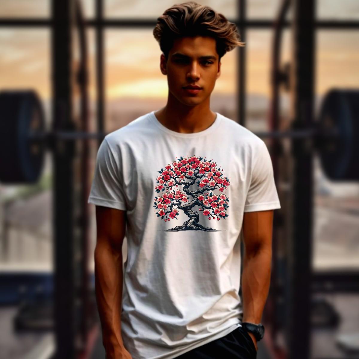 Alt text: "Vibrant cherry blossom tree design on a stylish gym t-shirt, symbolizing strength and resilience for fitness enthusiasts."