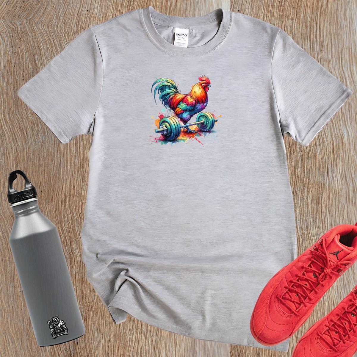 "Vibrant 'Rooster Gains' T-Shirt featuring a colorful rooster design, perfect gym wear for strength and motivation during workouts."