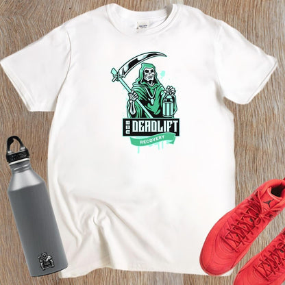 "Graphic gym t-shirt featuring a powerful Grim Reaper design, symbolizing strength and resilience in deadlift recovery for fitness enthusiasts."