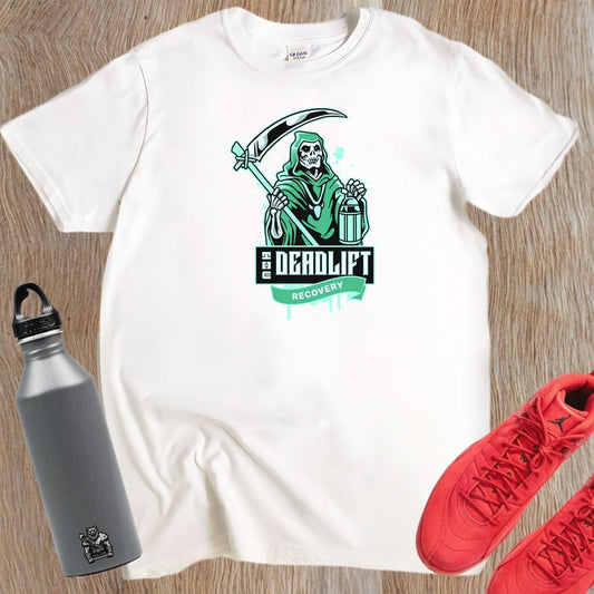 "Graphic gym t-shirt featuring a powerful Grim Reaper design, symbolizing strength and resilience in deadlift recovery for fitness enthusiasts."