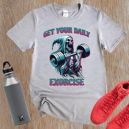 "Muted black T-shirt featuring a striking graphic of a skeleton lifting weights, promoting fitness motivation with a quirky style."