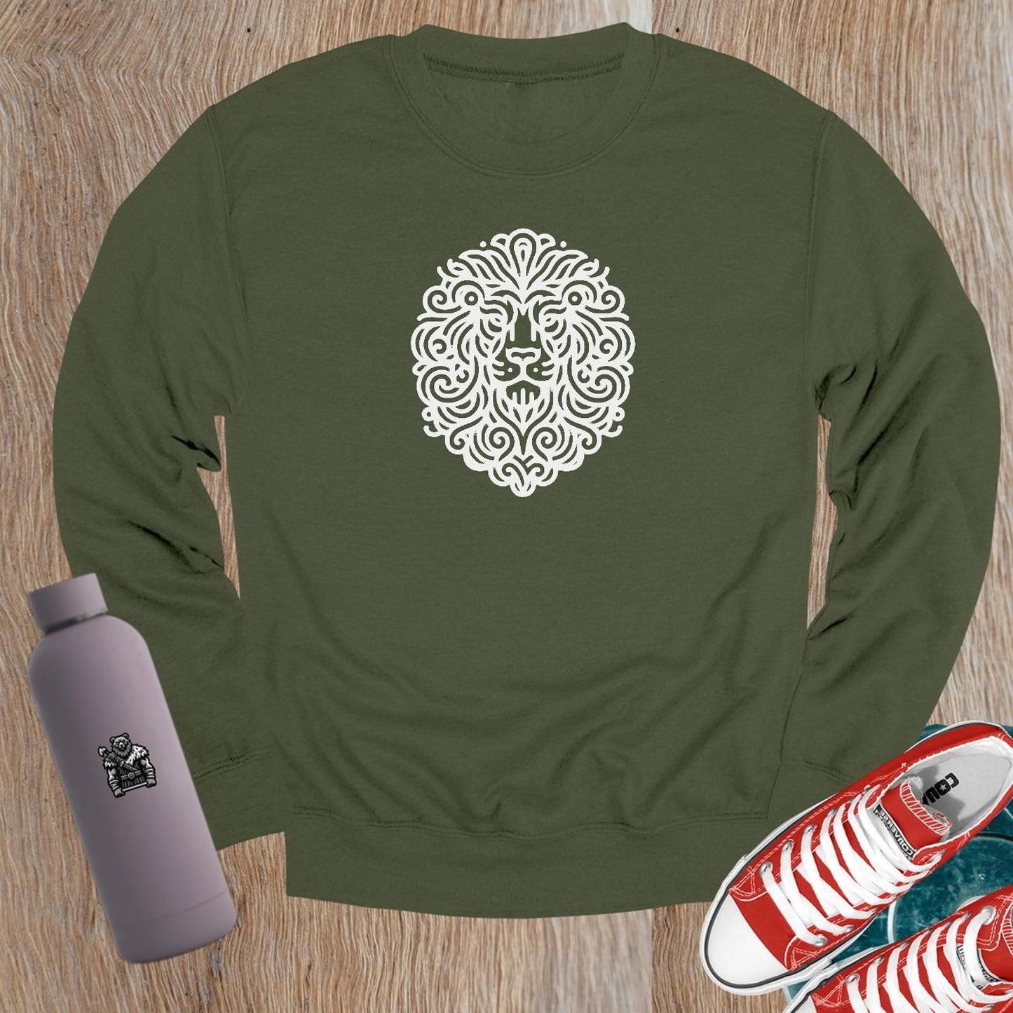 "Graphic lion design crewneck sweatshirt for gym and casual wear. Stylish, comfortable, and motivational apparel for fitness enthusiasts."