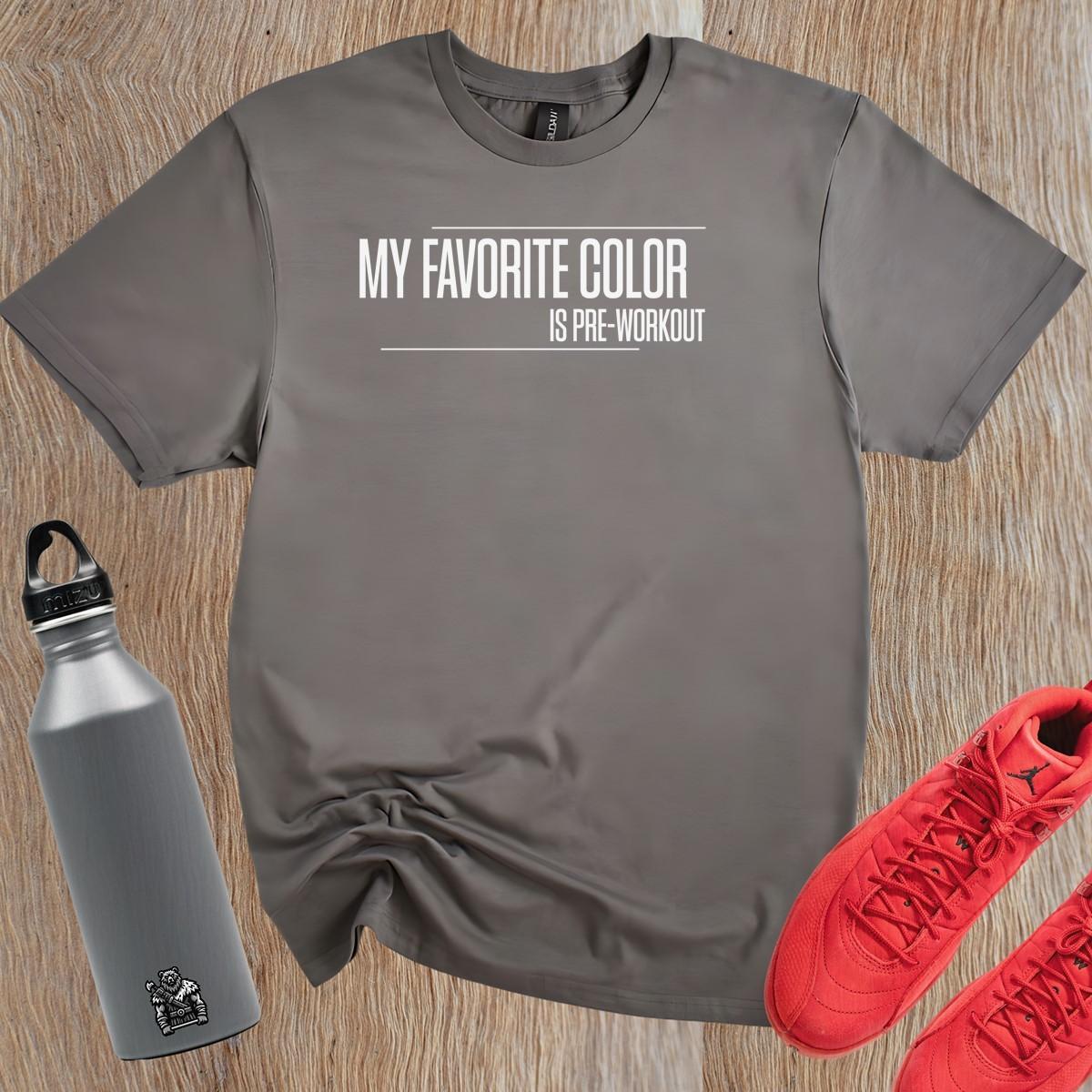 "Vibrant gym T-shirt with cheeky slogan 'My Favorite Color is Pre-Workout,' showcasing athletic style and motivation for fitness enthusiasts."