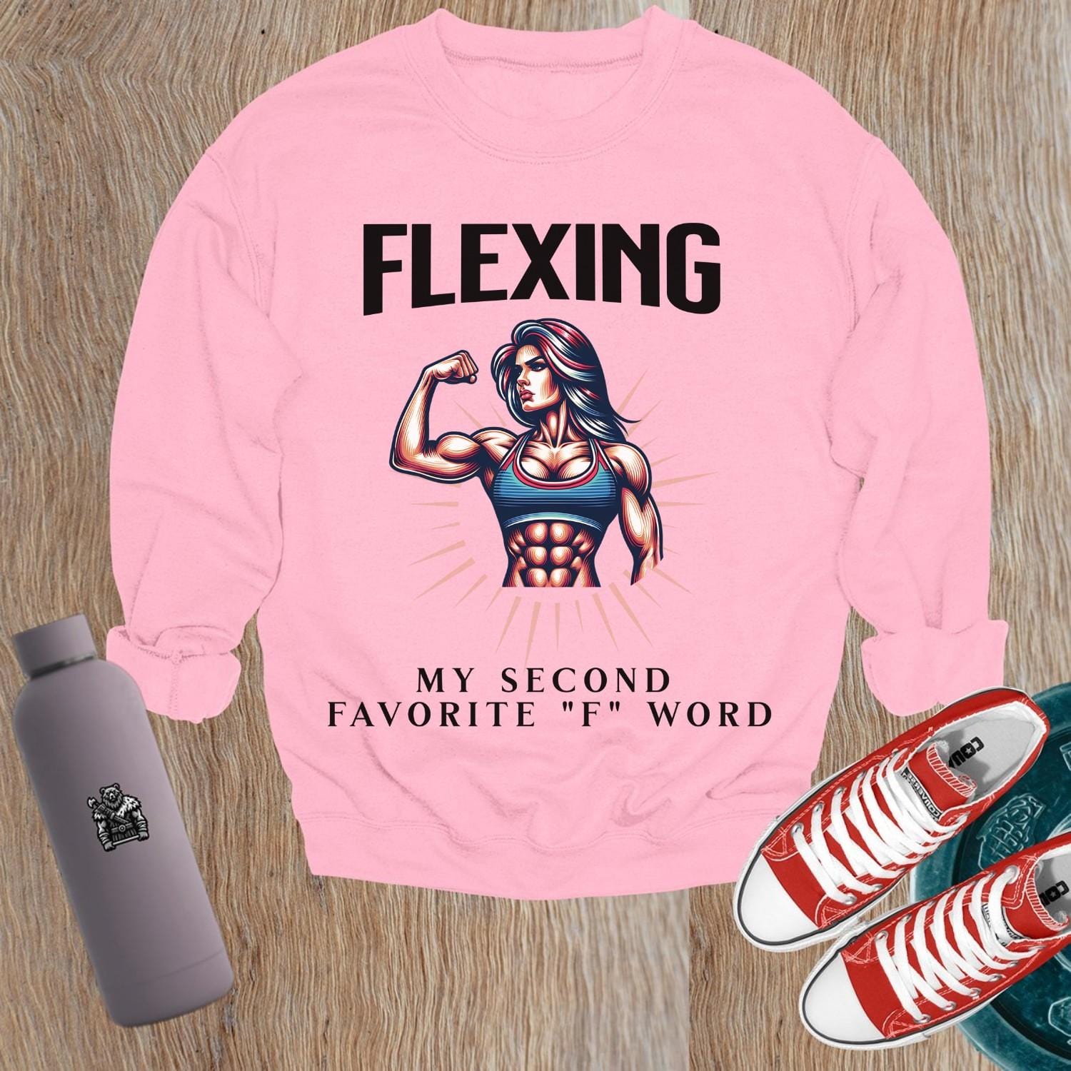 "Bold gym sweatshirt featuring an inspiring fitness graphic, designed for comfort and style, perfect for workouts and casual wear."