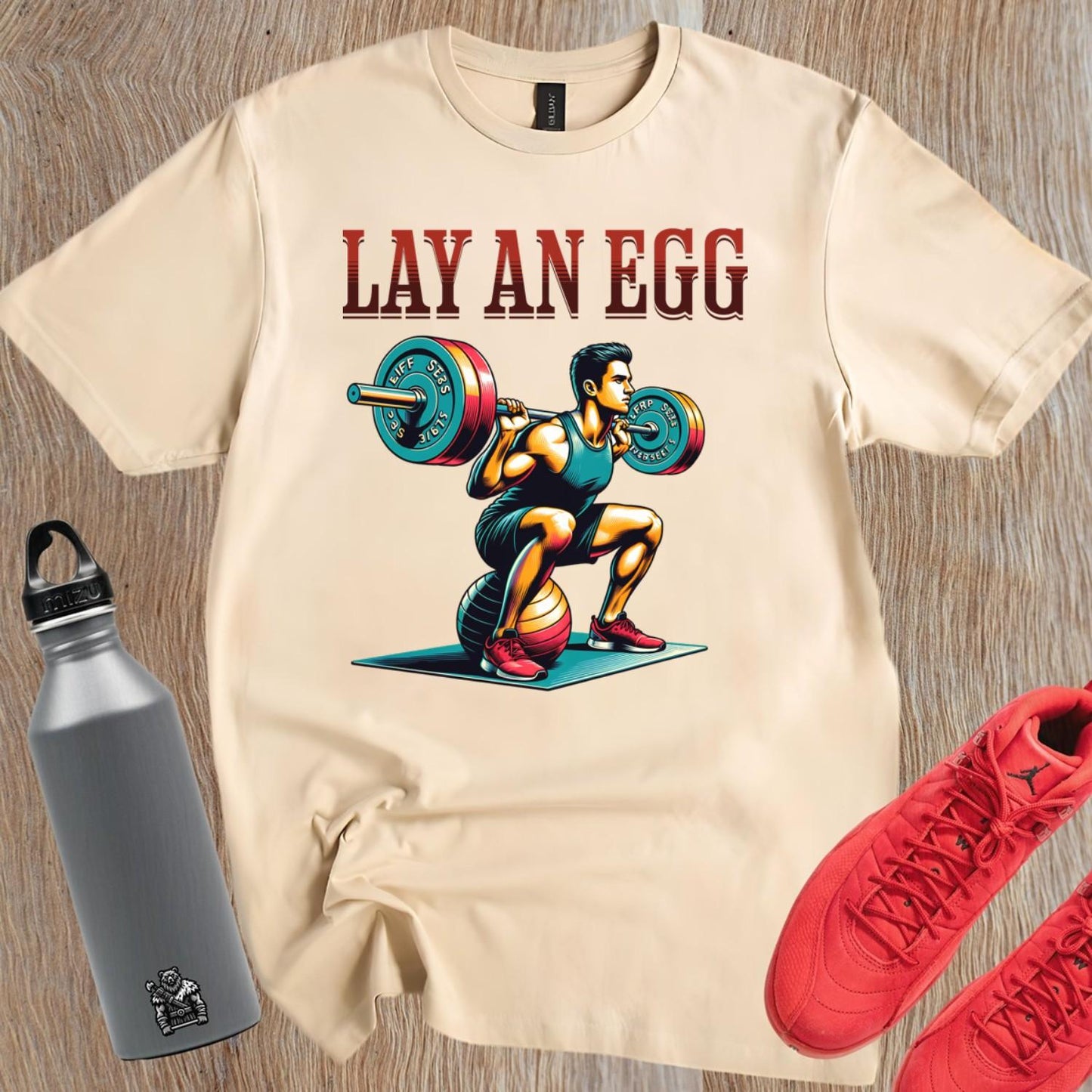Alt text: "Bold gym T-shirt featuring a dynamic lifter in action; perfect for fitness enthusiasts. Motivational design for workouts."