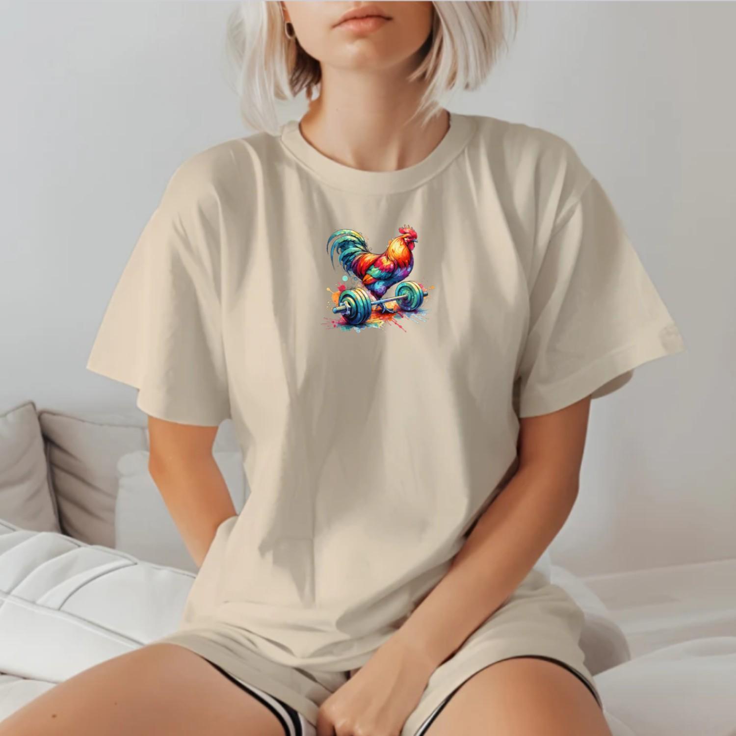 "Vibrant 'Rooster Gains' T-Shirt featuring a colorful rooster design, perfect gym wear for strength and motivation during workouts."