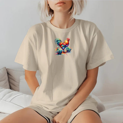 "Vibrant 'Rooster Gains' T-Shirt featuring a colorful rooster design, perfect gym wear for strength and motivation during workouts."