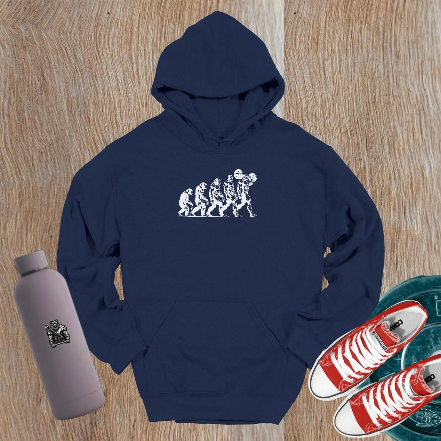 "Men's Evolution Hoodie: a stylish gym hoodie showcasing a dynamic design symbolizing strength and growth, ideal for workouts or casual wear."