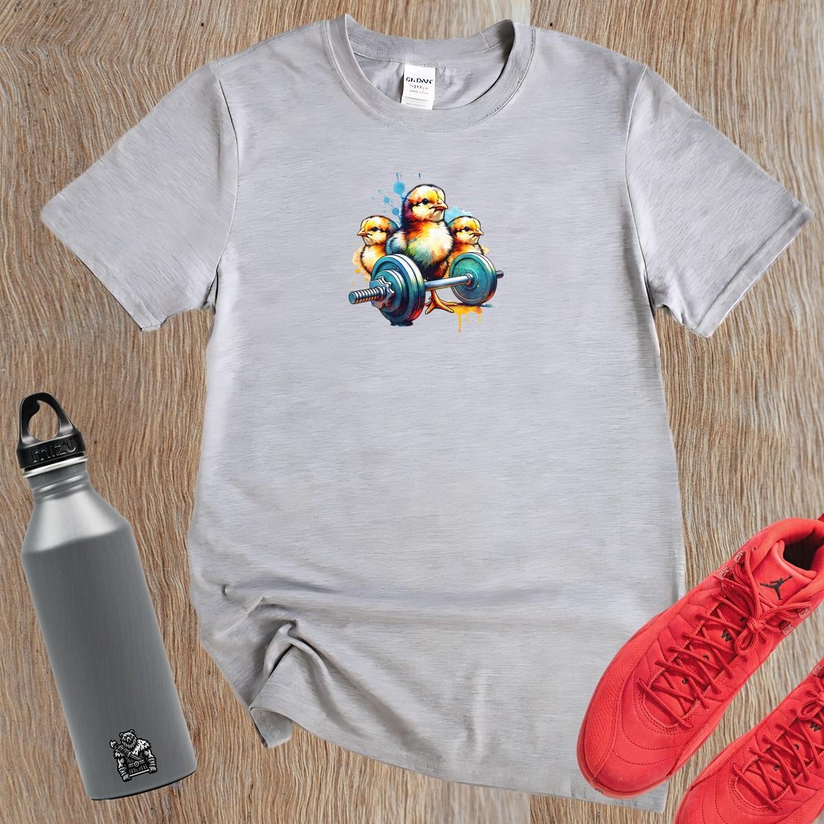 Playful gym T-shirt featuring vibrant chicks lifting weights, showcasing a fun, fierce spirit perfect for energetic workouts and fitness style.