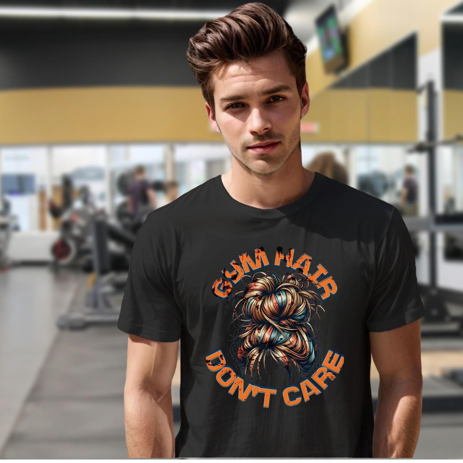 "Stylish gym T-shirt showcasing 'Gym Hair Don't Care' slogan, perfect for fitness enthusiasts. Eye-catching design for workouts."