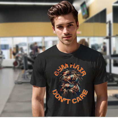 "Stylish gym T-shirt showcasing 'Gym Hair Don't Care' slogan, perfect for fitness enthusiasts. Eye-catching design for workouts."
