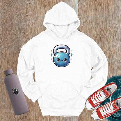 "Stylish gym hoodie featuring a smiling kettlebell design, perfect for workouts and casual outings, showcasing fitness passion."