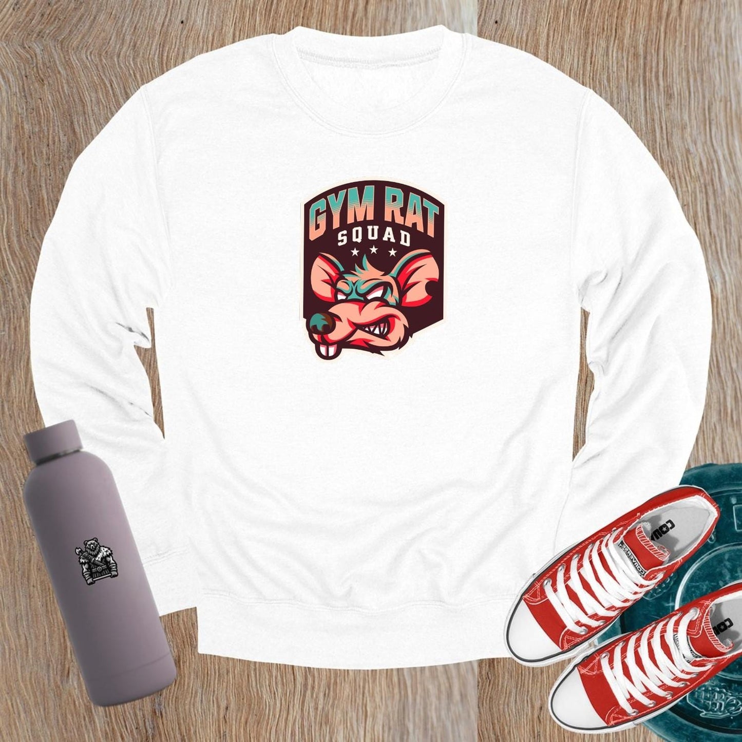 "Vibrant Gym Rat Squad sweatshirt, showcasing a motivational design for fitness lovers. Perfect for workouts or casual wear, embodying dedication."