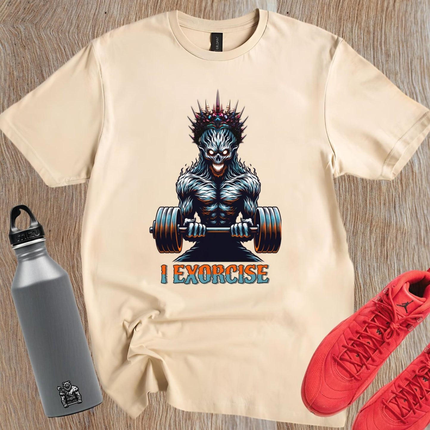 Alt text: "Fierce 'I Exorcise' gym T-shirt featuring bold graphic design, motivational text, perfect for weightlifting, cardio, and fitness enthusiasts."