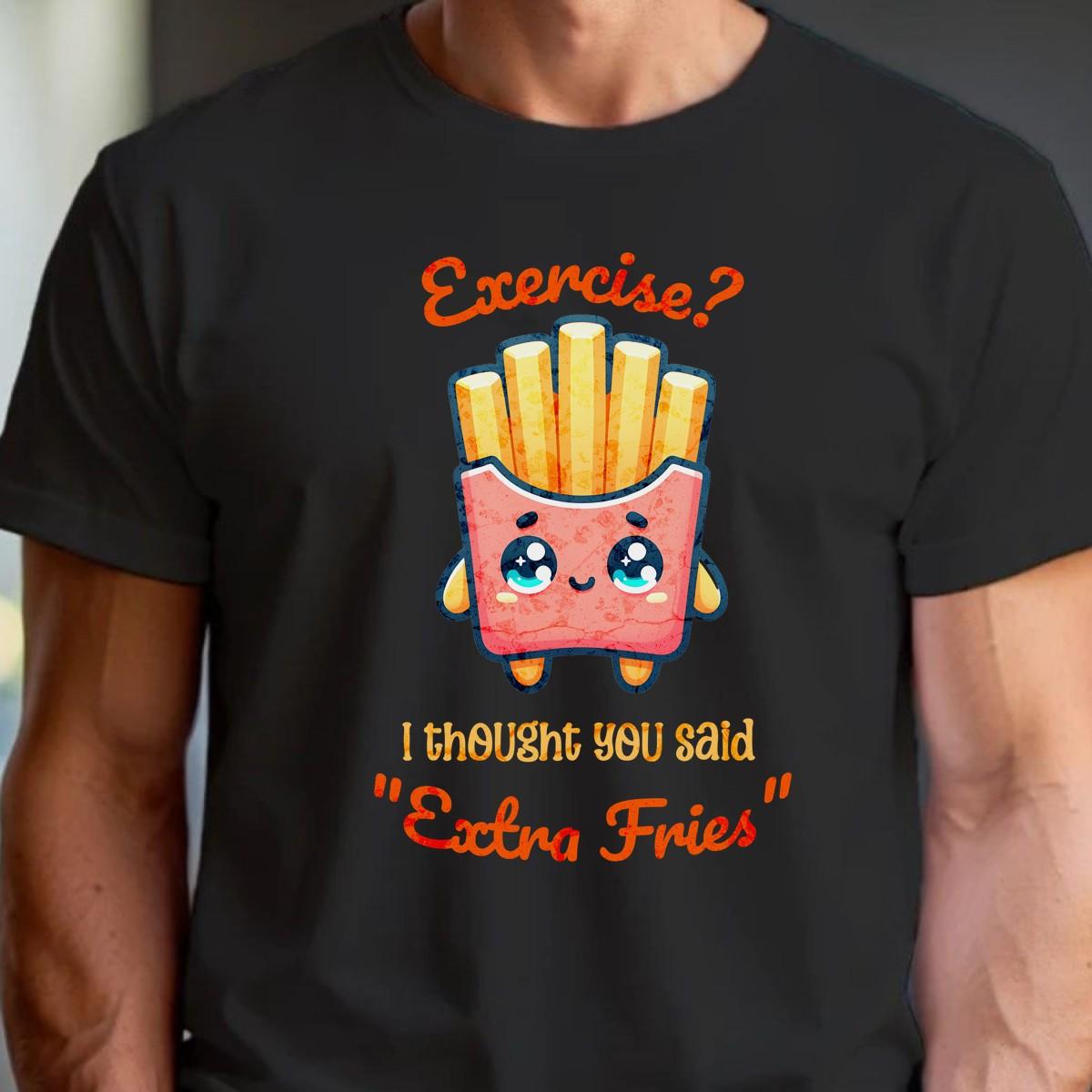 Alt text: "Humorous gym T-shirt featuring the phrase 'Exercise? I thought you said Extra Fries' in playful typography. Ideal for fitness lovers."
