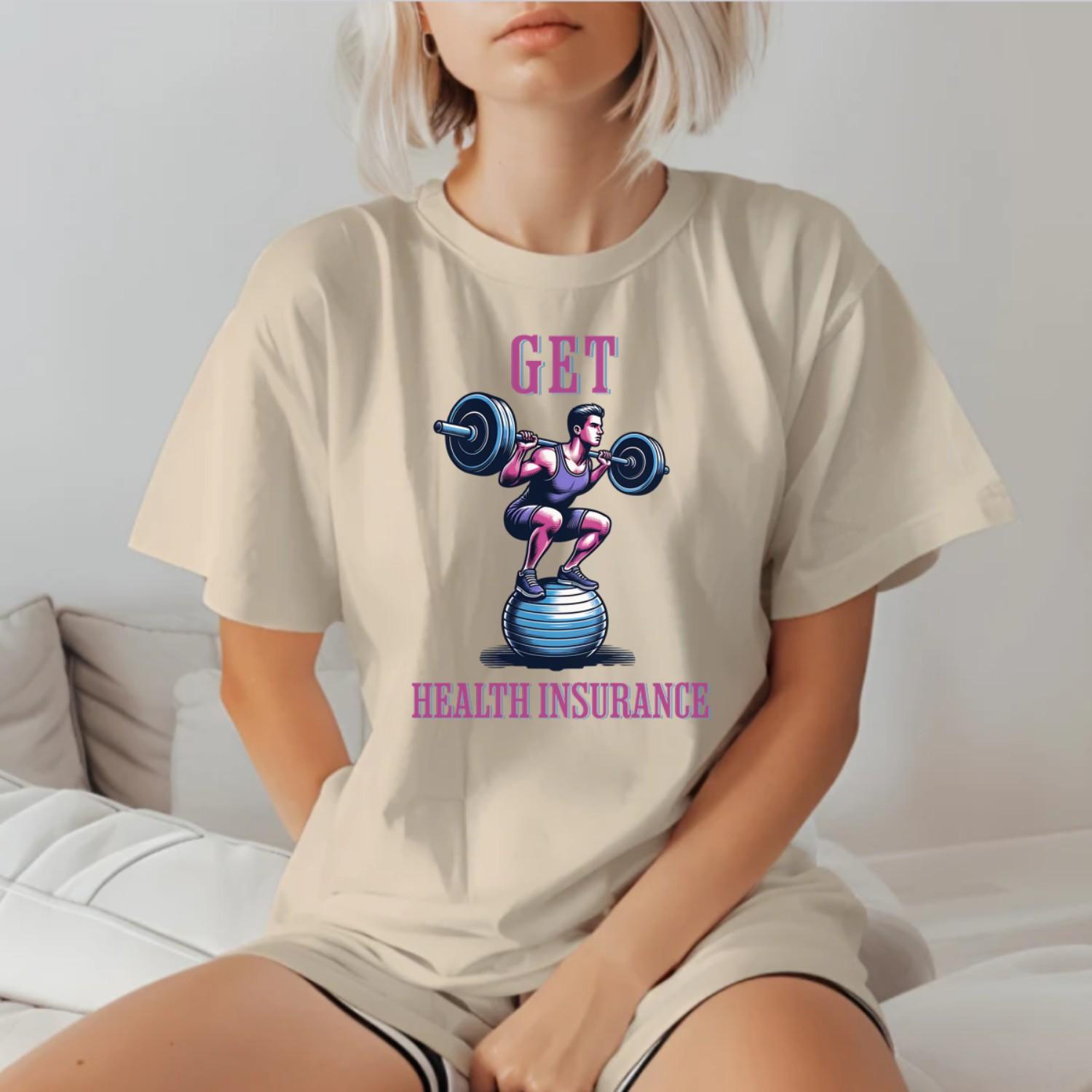 "Bold 'Get Health Insurance' gym tee featuring motivational design, perfect for workouts, lifting, running, or casual fitness wear."
