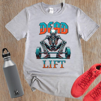 "Graphic T-shirt featuring a skeleton lifting weights, perfect for fitness enthusiasts. Bold design ideal for gym workouts and casual wear."