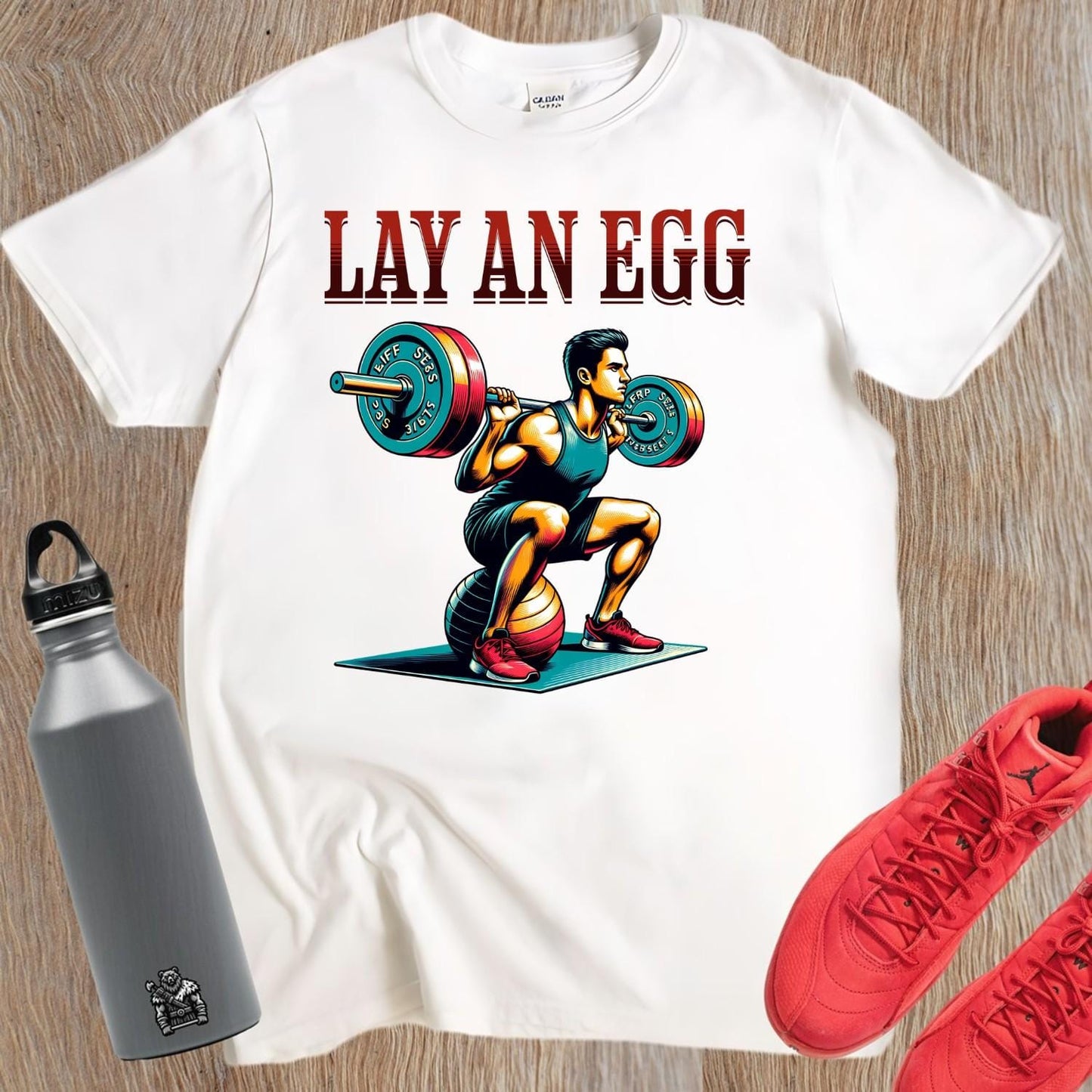 Alt text: "Bold gym T-shirt featuring a dynamic lifter in action; perfect for fitness enthusiasts. Motivational design for workouts."