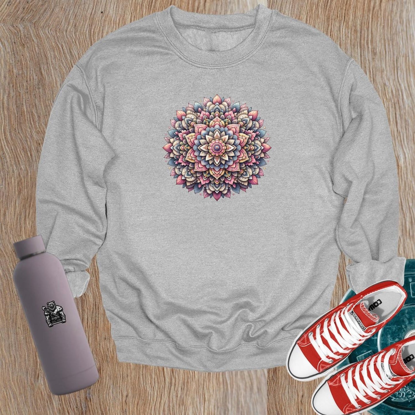 "Vibrant mandala design sweatshirt, perfect for gym workouts and casual outings, showcasing creativity, motivation, and unique style."