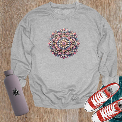"Vibrant mandala design sweatshirt, perfect for gym workouts and casual outings, showcasing creativity, motivation, and unique style."