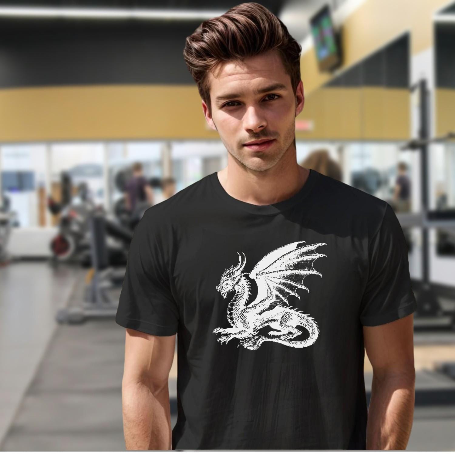 "Epic dragon design T-shirt featuring a fierce graphic, perfect for gym enthusiasts and casual wear, showcasing strength and determination."
