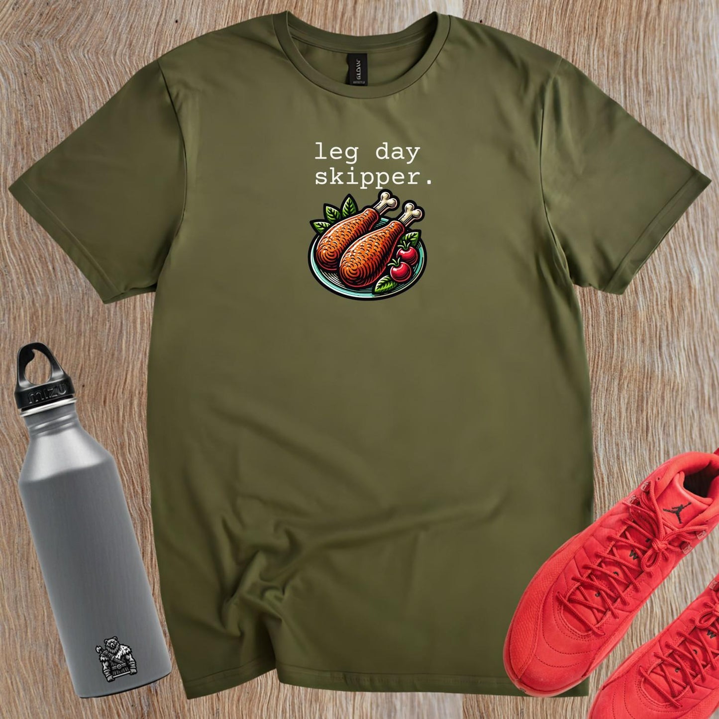 "Playful ‘Leg Day Skipper’ T-shirt featuring a humorous design, perfect for gym lovers who value style, comfort, and a fun workout attitude."