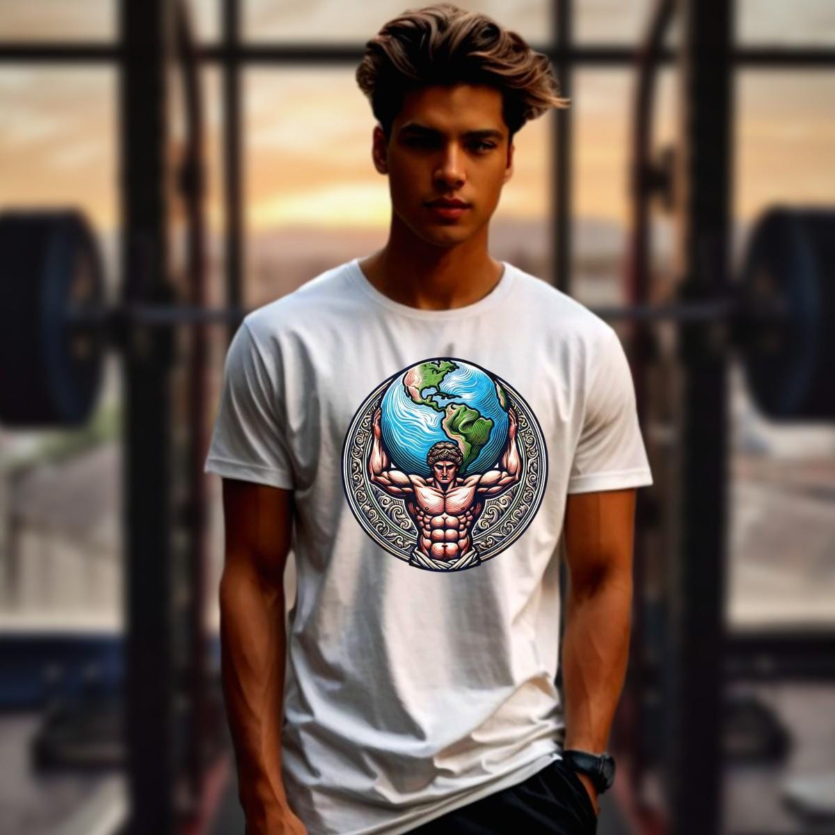 "Dynamic gym T-shirt featuring a powerful figure holding the world, symbolizing strength and resilience for fitness enthusiasts."
