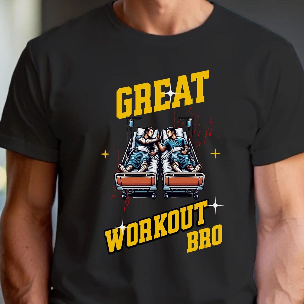 "Bold gym T-shirt featuring the slogan 'Great Workout Bro,' capturing fitness humor and motivation for workouts and training sessions."