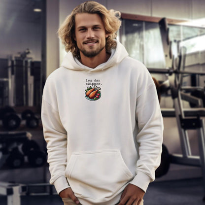 "Vibrant Leg Day Skipper hoodie showcasing playful gym spirit, perfect for workouts or lounging, embodying fun fitness style."