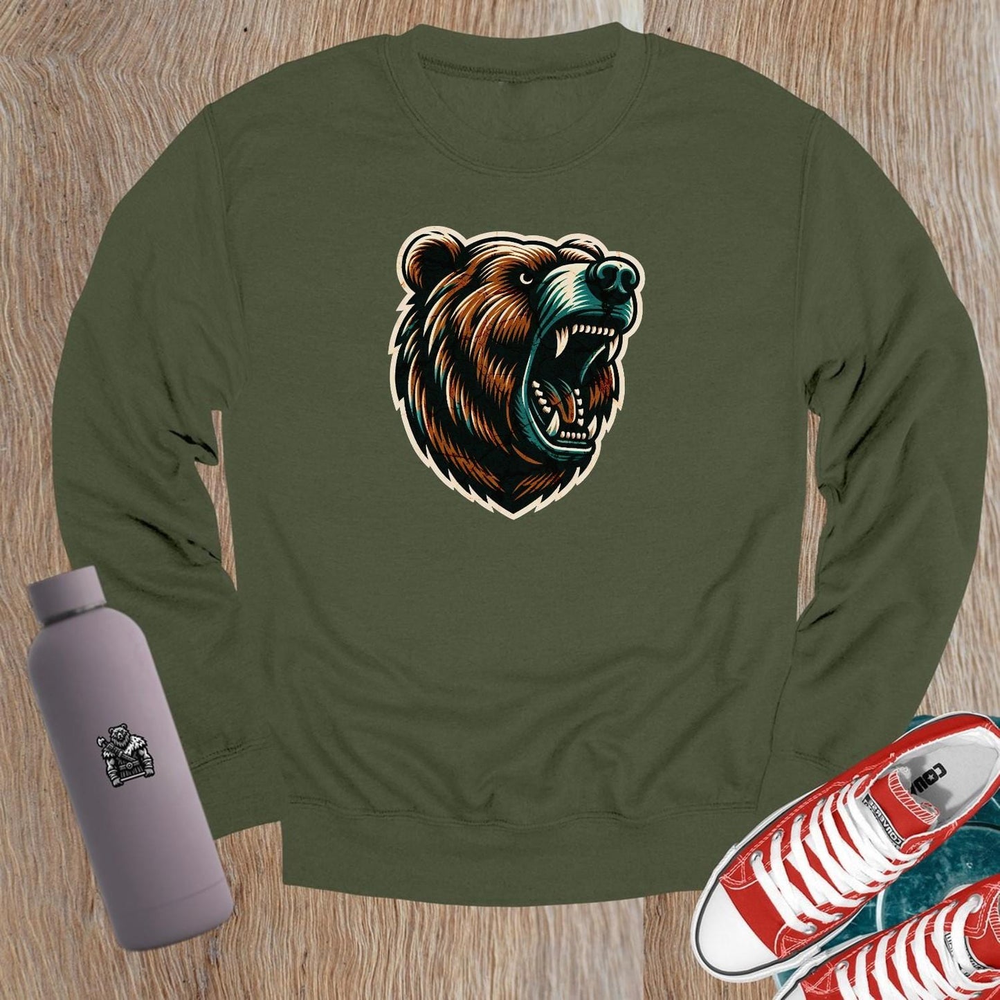 Alt text: "Bold gym crewneck sweatshirt featuring a fierce bear graphic, perfect for workouts or casual wear, combining style and comfort."