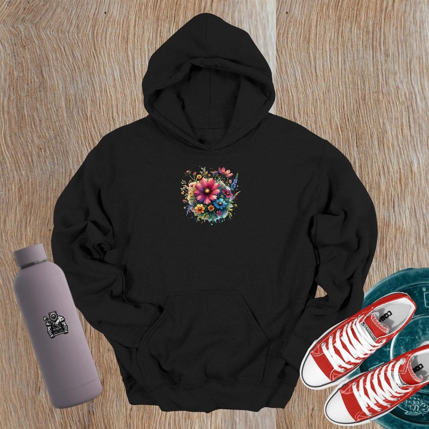 "Vibrant flower-patterned hoodie for gym and casual wear, showcasing a stunning floral design, perfect for workouts and style."
