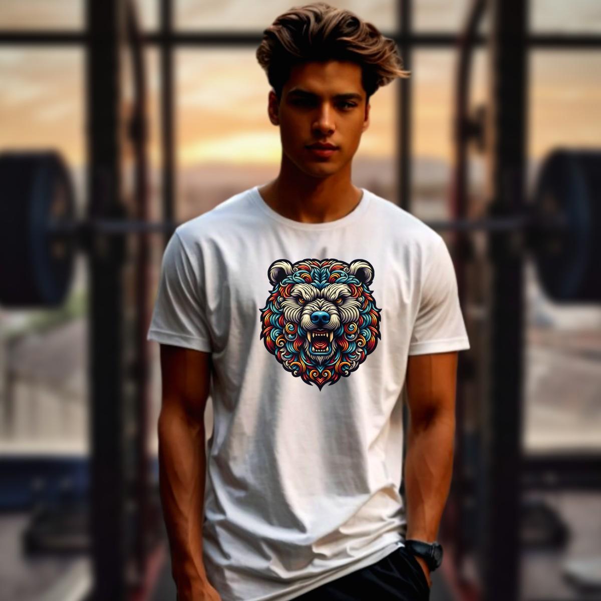 Alt text: "Intricately detailed Bear Emblem graphic on a bold gym T-shirt, symbolizing strength and determination for fitness enthusiasts."