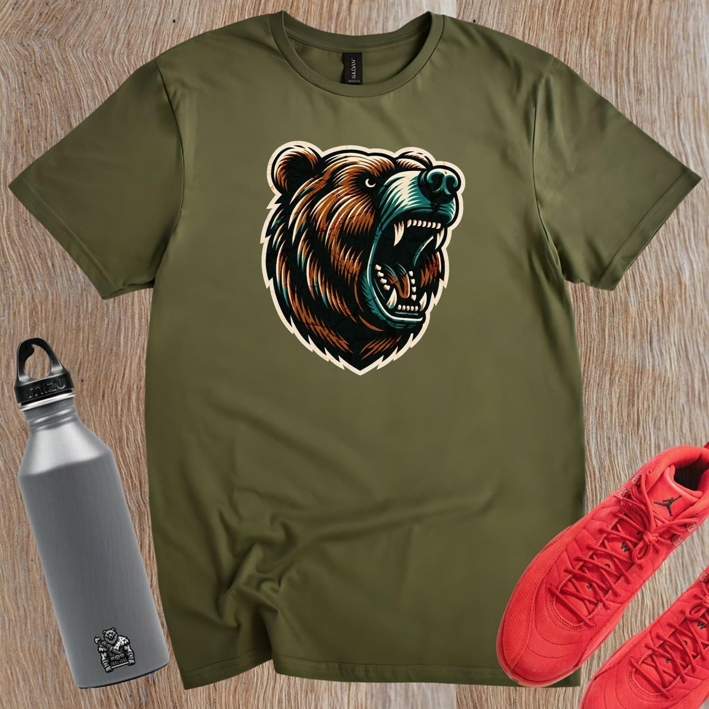 "Fierce bear graphic T-shirt for gym enthusiasts, symbolizing strength, resilience, and determination. Perfect for workouts and casual wear."