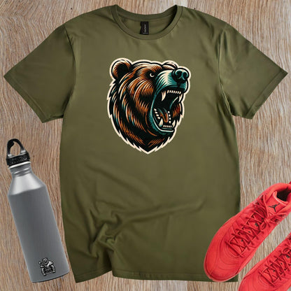 "Fierce bear graphic T-shirt for gym enthusiasts, symbolizing strength, resilience, and determination. Perfect for workouts and casual wear."