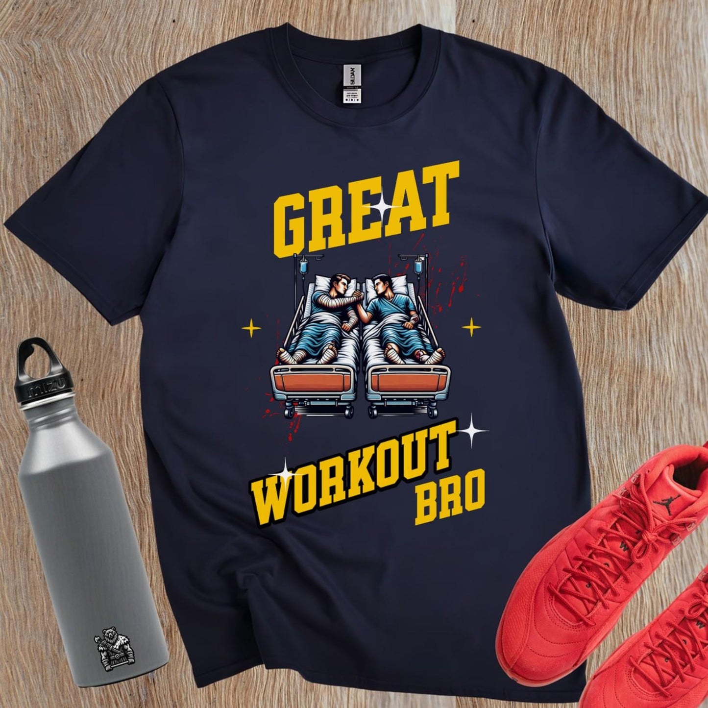 "Bold gym T-shirt featuring the slogan 'Great Workout Bro,' capturing fitness humor and motivation for workouts and training sessions."