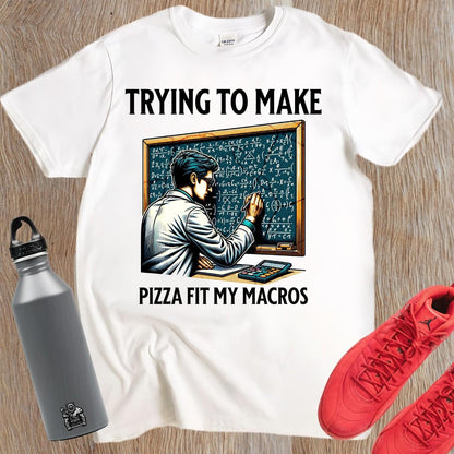 Alt text: "Humorous gym T-shirt design featuring a lab-coated character calculating pizza macros, perfect for fitness enthusiasts who love food."