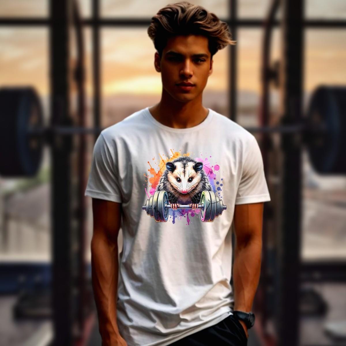 "Vibrant gym T-shirt featuring a fierce possum lifting weights, embodying strength and determination for fitness enthusiasts."