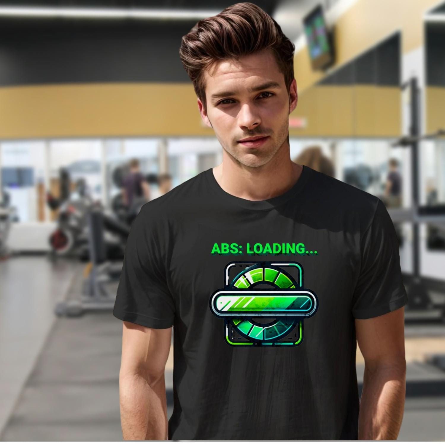 "Vibrant gym T-shirt featuring 'ABS: LOADING...' design, perfect for athletes and fitness enthusiasts, showcasing style and motivation."