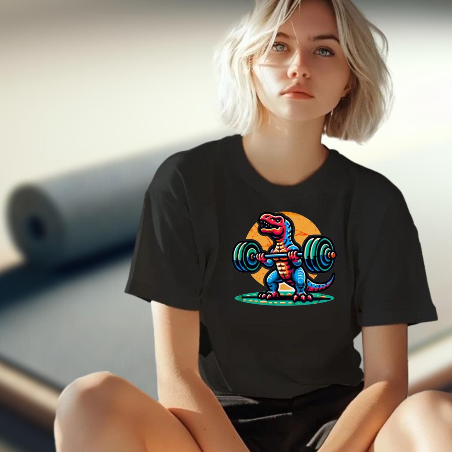 "Colorful gym T-shirt featuring a cartoon dinosaur lifting weights, perfect for fitness lovers seeking motivation and fun in workouts."