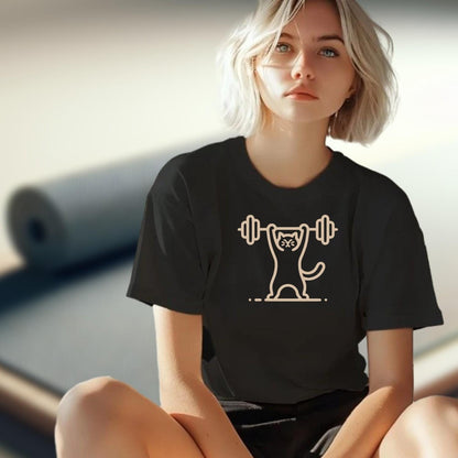Alt text: "Funny Cat Lifting Weights T-shirt featuring a determined cat showcasing strength, perfect for fitness enthusiasts and gym lovers."