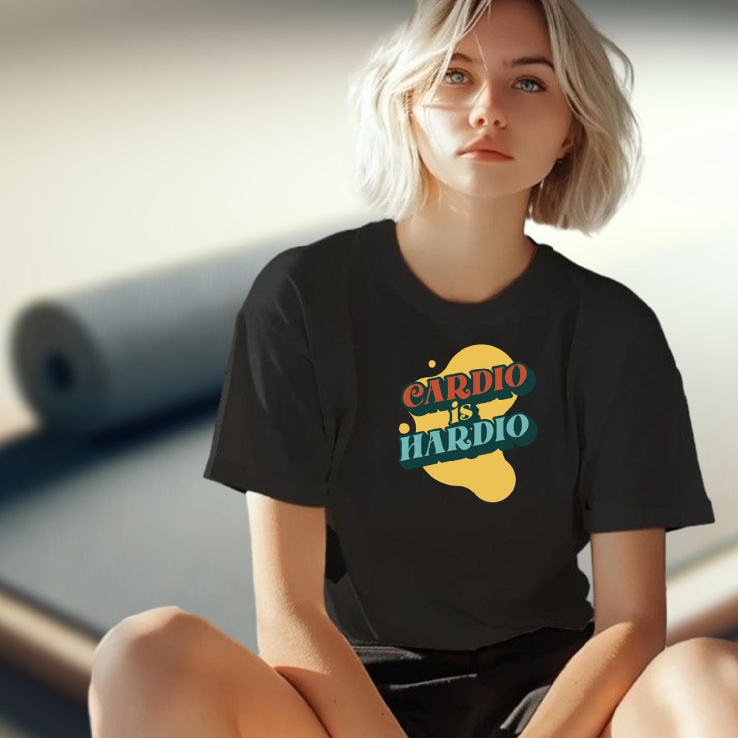 Alt text: "Energetic fitness T-shirt featuring bold 'Cardio is Hardio' slogan, perfect for gym enthusiasts, motivating workouts and casual wear."