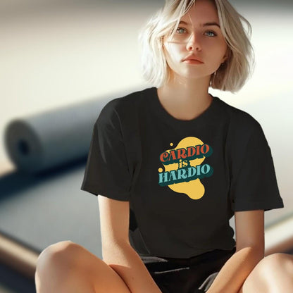 Alt text: "Energetic fitness T-shirt featuring bold 'Cardio is Hardio' slogan, perfect for gym enthusiasts, motivating workouts and casual wear."
