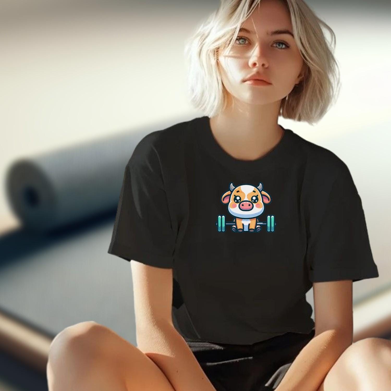 "Adorable gym T-shirt design featuring a playful weightlifting cow, perfect for workouts and leisure. Unique fitness apparel for fun."