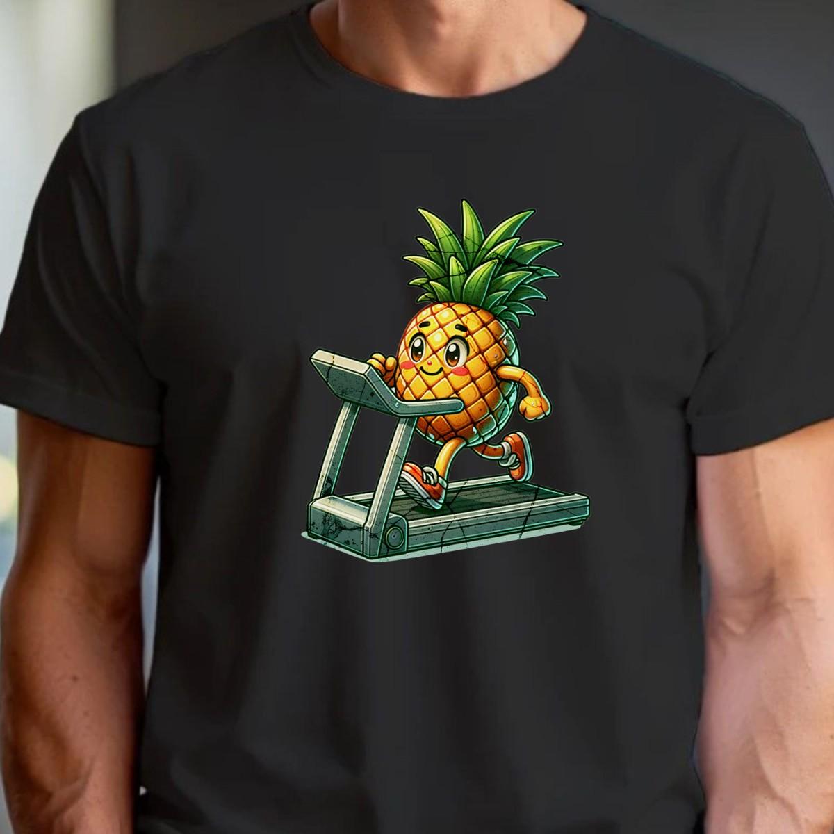"Playful pineapple sprinting on a treadmill graphic T-shirt for gym enthusiasts; vibrant design enhances workout motivation and style."