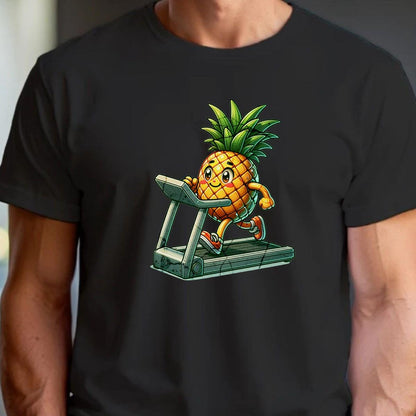 "Playful pineapple sprinting on a treadmill graphic T-shirt for gym enthusiasts; vibrant design enhances workout motivation and style."