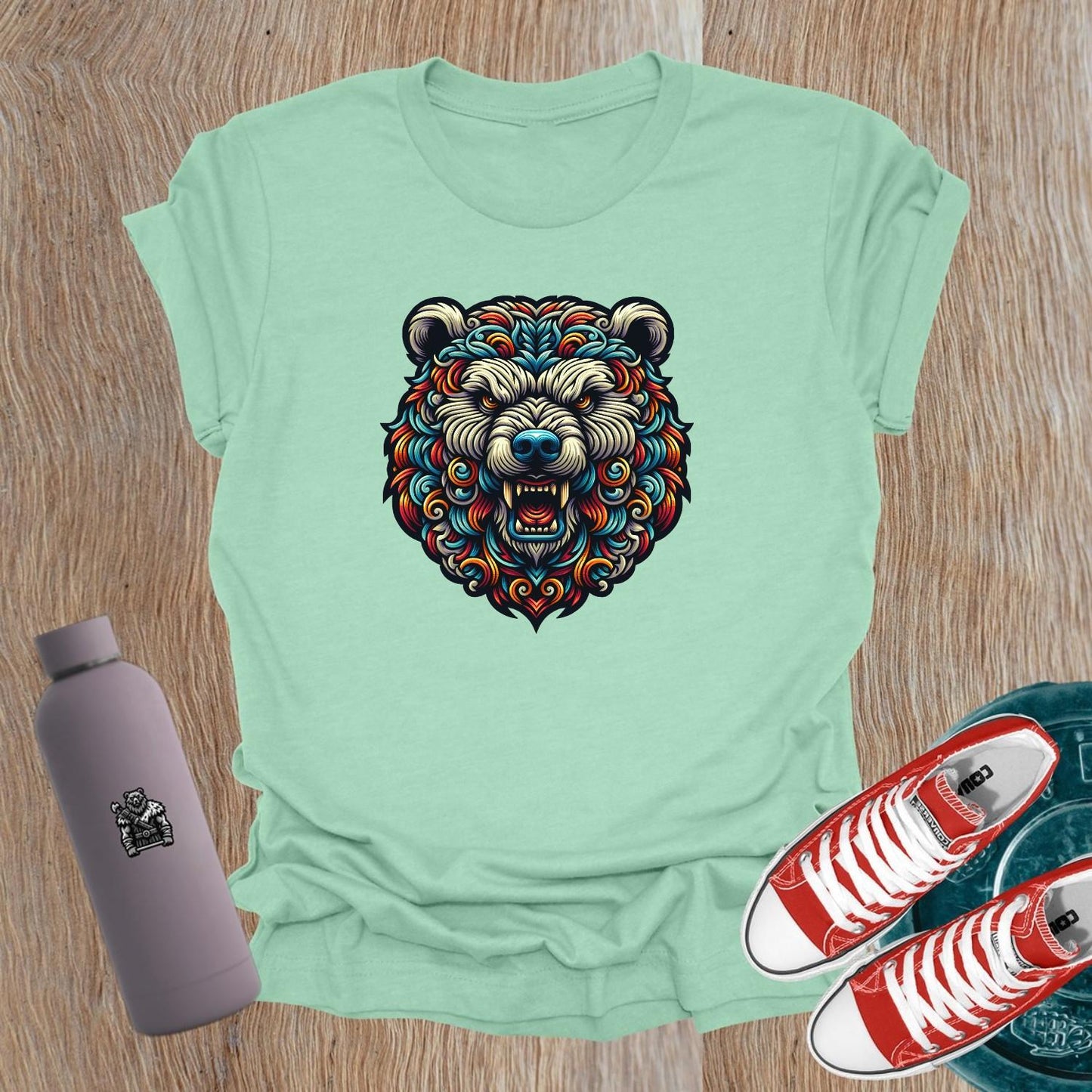 "Fierce Bear Gym T-Shirt for women, featuring an intricate bear graphic symbolizing strength, resilience, and empowerment for lifters."