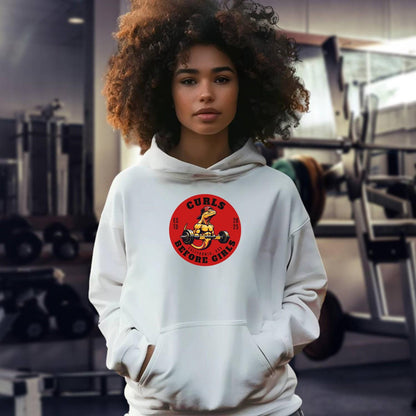 "Graphic hoodie featuring 'Curls Before Girls' slogan, vibrant design for fitness enthusiasts, perfect for gym and casual wear."