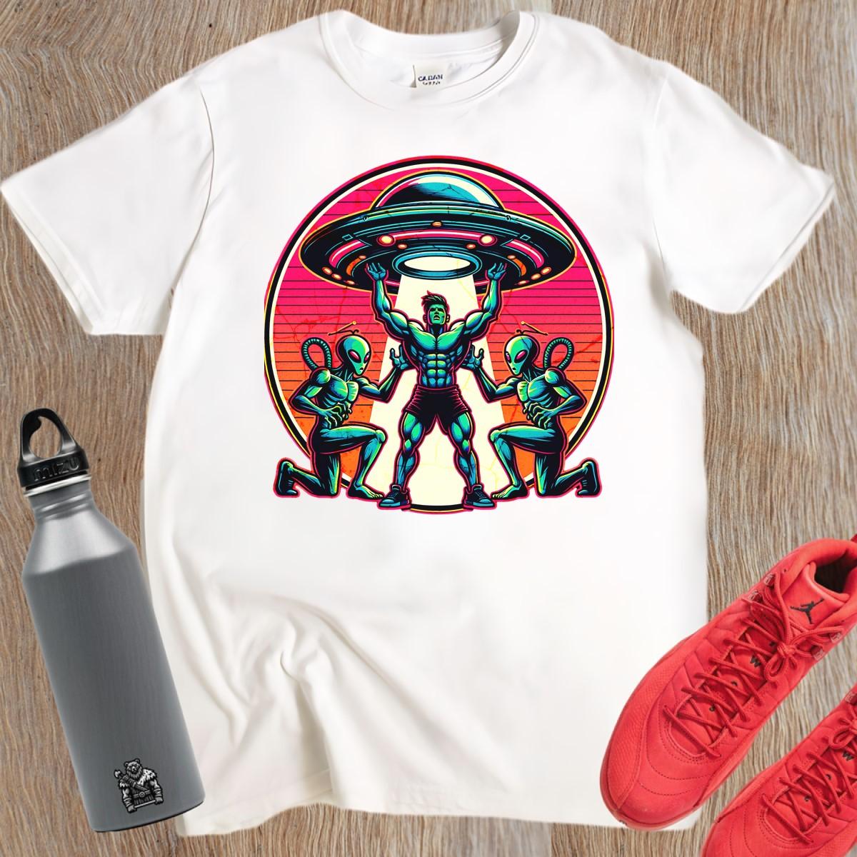 "Vibrant alien-themed gym T-shirt featuring bold graphics, perfect for fitness enthusiasts aiming to inspire confidence and creativity."