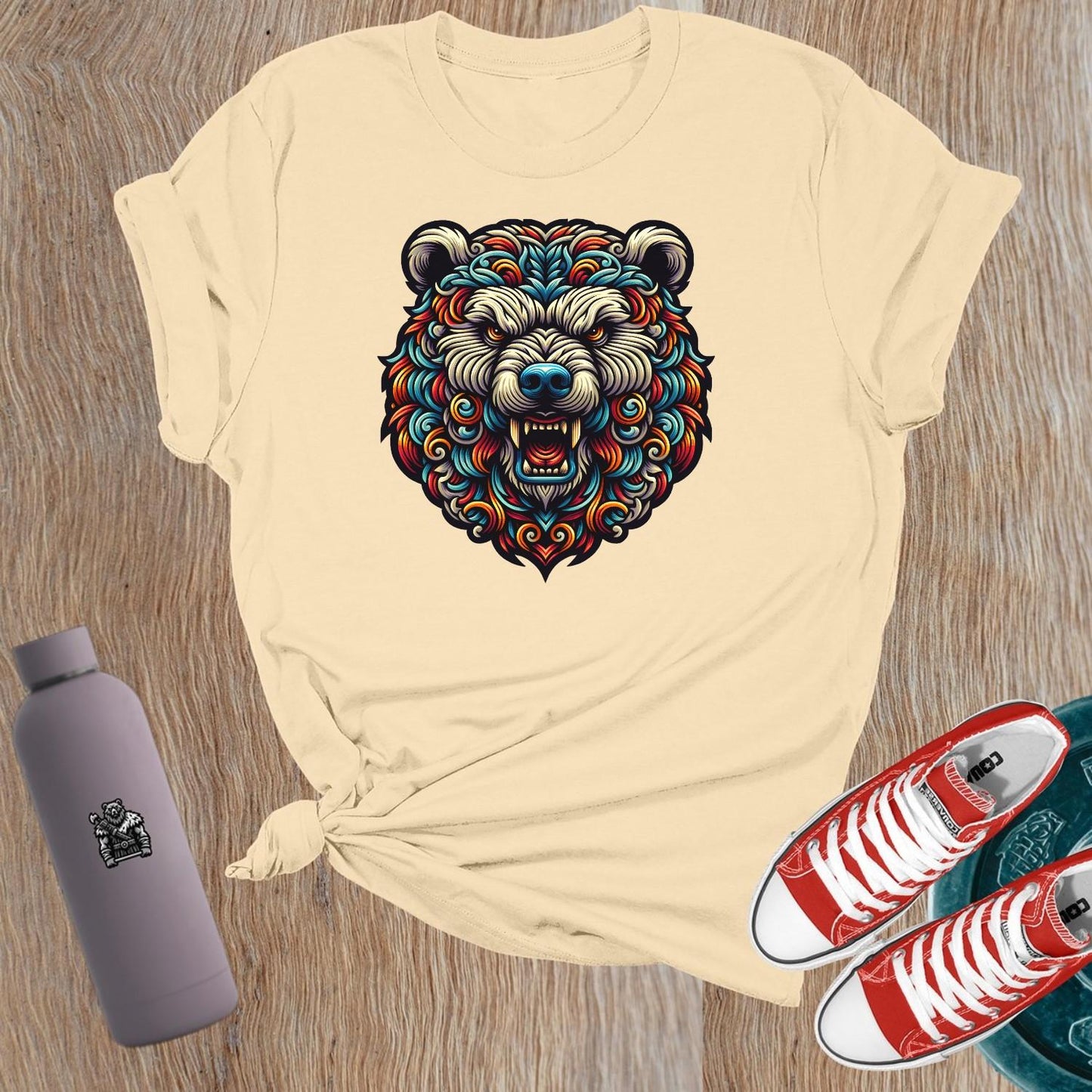 "Fierce Bear Gym T-Shirt for women, featuring an intricate bear graphic symbolizing strength, resilience, and empowerment for lifters."