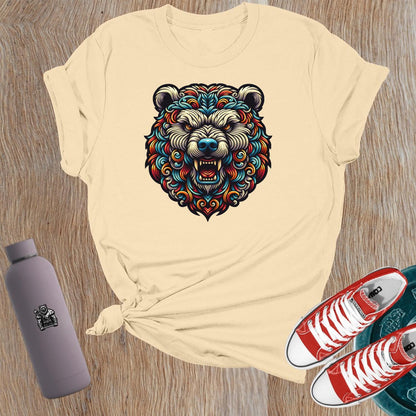 "Fierce Bear Gym T-Shirt for women, featuring an intricate bear graphic symbolizing strength, resilience, and empowerment for lifters."